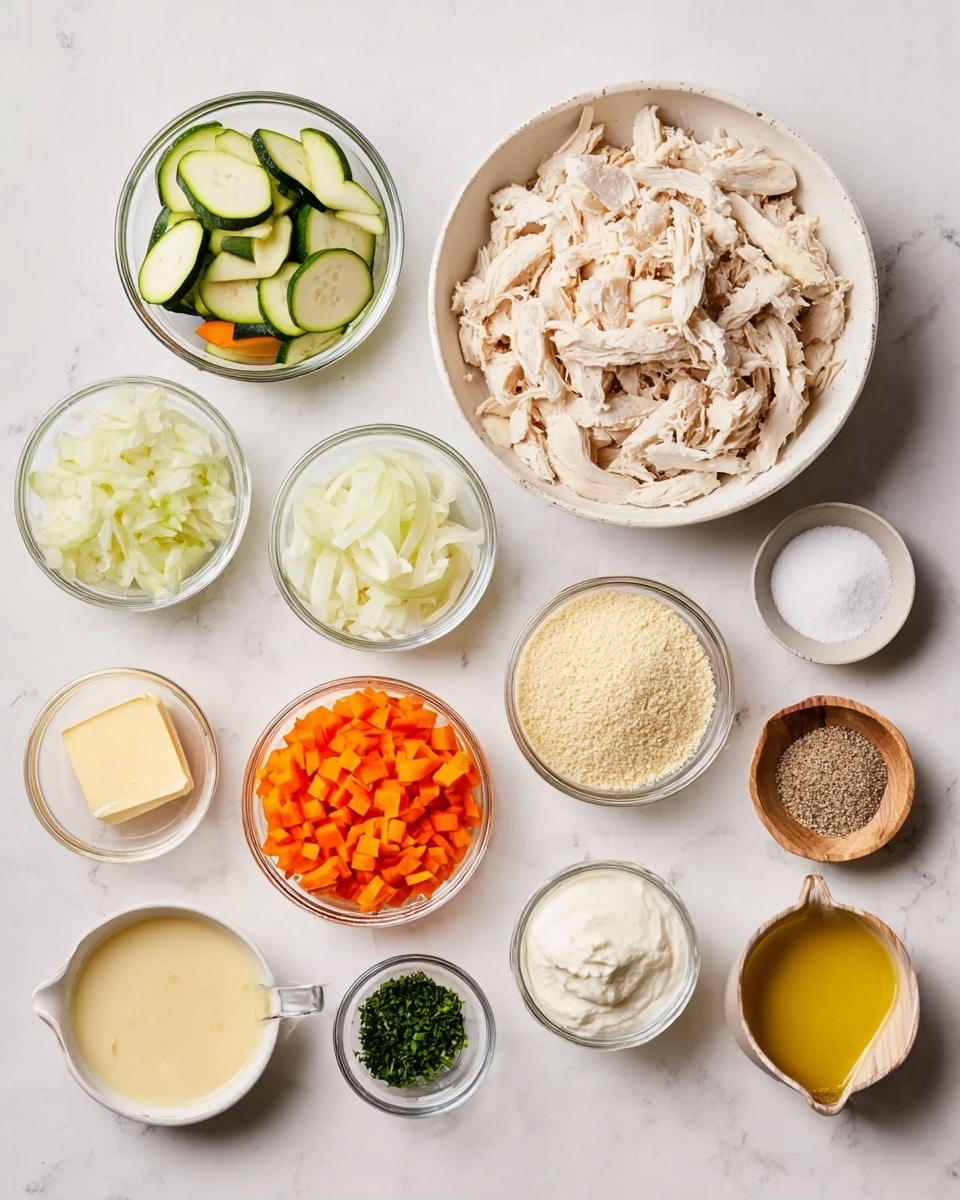 The image shows a white marbled surface with 12 small white bowls and clear glass bowls arranged neatly, each containing different ingredients. At the top center, there is a large white bowl filled with shredded light beige chicken. To the left is a clear glass bowl with green and pale zucchini slices. Below that, a clear glass bowl holds chopped white onions. To the right of the chicken, a white bowl contains light beige breadcrumbs. Below it, a clear glass bowl is filled with bright orange chopped carrots. Next to the carrots, a very small white bowl has a square piece of pale butter. Below, a small clear glass bowl contains creamy white sour cream, next to it is a small mound of chopped green herbs in a white bowl. On the lower left, two white bowls hold pale yellow sauces or dressings. A tiny white bowl holds white salt, and next to it is a small wooden dish with black pepper. Finally, a small clear glass measuring cup shows a light golden oil. Photo taken with an iphone --ar 4:5 --v 7