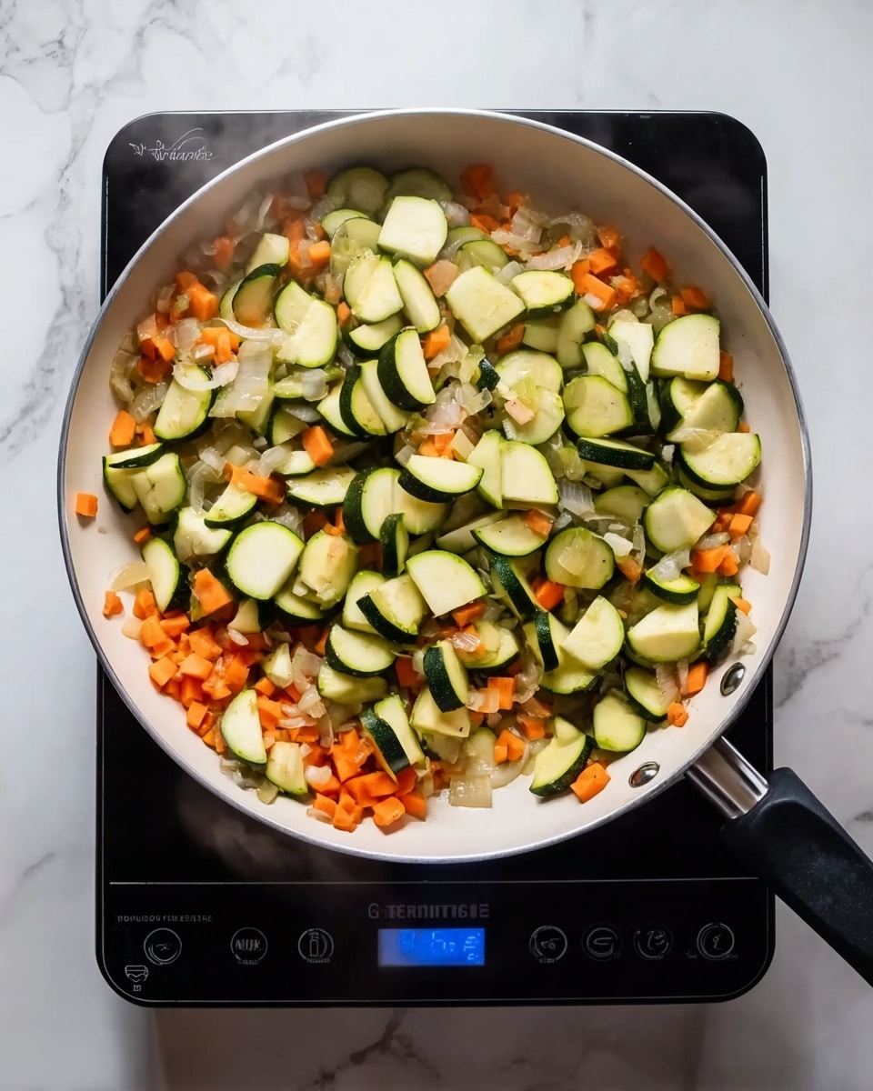 A white frying pan on a black electric stove with a white marbled surface underneath. Inside the pan, there are two layers of vegetables: the bottom layer has small chopped orange pieces, likely carrots, and light beige onions, while the top layer is filled with sliced light green zucchini, showing their soft texture and light seeds. Steam rises from the pan, showing the food is hot and cooking. The stove has a small blue digital display on the front center. photo taken with an iphone --ar 4:5 --v 7