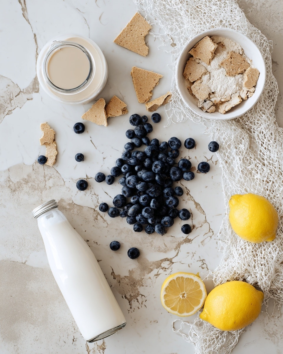 The image shows ingredients arranged on a white marbled surface, including a pile of fresh dark blue blueberries in the center, a white bottle of milk lying on its side to the bottom left, a white jar with a beige liquid near the top right, a white round bowl with beige broken crackers on the top left, and two yellow lemons at the bottom right, one whole and one sliced in half. There is a white netted cloth scattered under the lemons and some blueberries are spread around. photo taken with an iphone --ar 4:5 --v 7