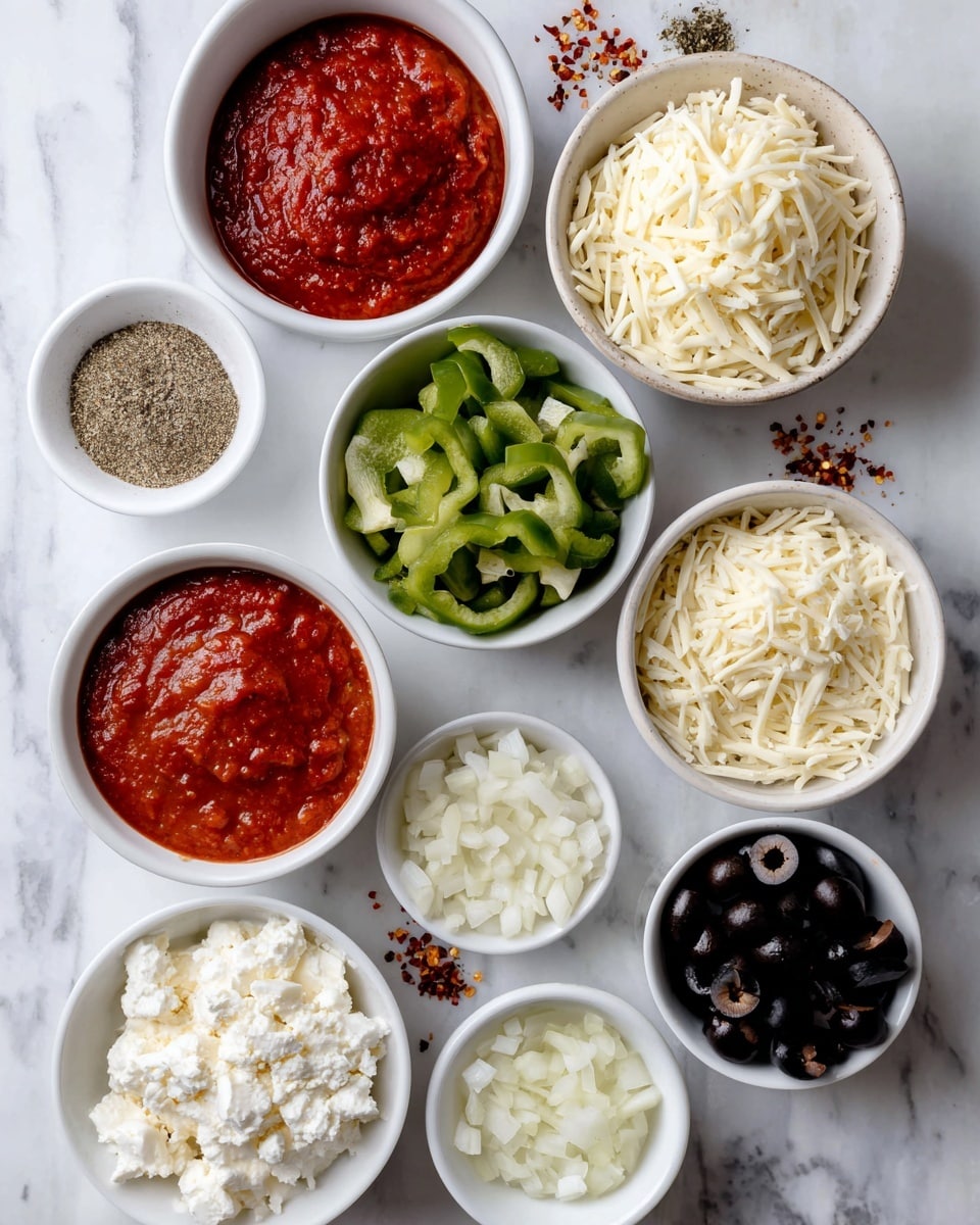 The image shows several white bowls with different ingredients arranged on a white marbled surface. There are eight bowls in total: one filled with red marinara sauce with a smooth texture, one with chopped green bell peppers showing a fresh, shiny surface, one with shredded white mozzarella cheese, a bowl of fluffy white cottage cheese, a small bowl with finely grated pale yellow Parmesan cheese, another bowl with sliced black olives showing a glossy texture, a bowl with small diced white onion pieces, and a white dish holding Italian seasoning, garlic powder, and a few red pepper flakes scattered nearby. All bowls are evenly spaced, and the photo has a clean and organized look, photo taken with an iphone --ar 4:5 --v 7