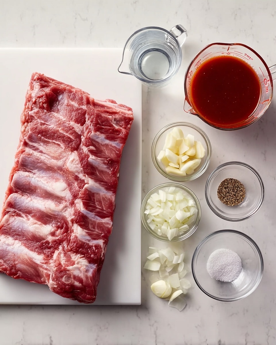 The image shows a slab of raw ribs with pink and white marbled fat on a white cutting board placed on a white marbled surface. To the right of the ribs are five small clear glass containers arranged loosely, containing salt and pepper mix, sliced white onions, minced garlic, a measuring cup with clear water, and a measuring cup filled with thick red sauce. The overall scene is bright and clean, highlighting the fresh ingredients neatly set for cooking, photo taken with an iphone --ar 4:5 --v 7
