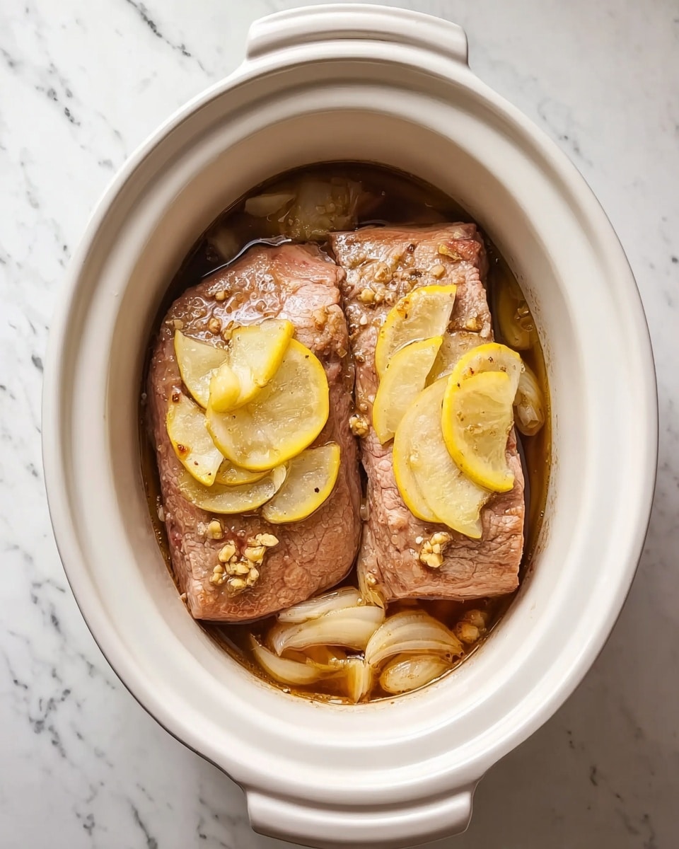 A white oval slow cooker filled with two large pieces of cooked meat placed side by side, each having a light brown color with some pinkish shades. On top of the meat are several sliced onion pieces, arranged evenly with a yellowish tone and soft texture. Small bits of minced garlic are sprinkled mainly on the middle parts of the meat. The cooker sits on a white marbled surface with the lid handles visible at the sides. Photo taken with an iphone --ar 4:5 --v 7