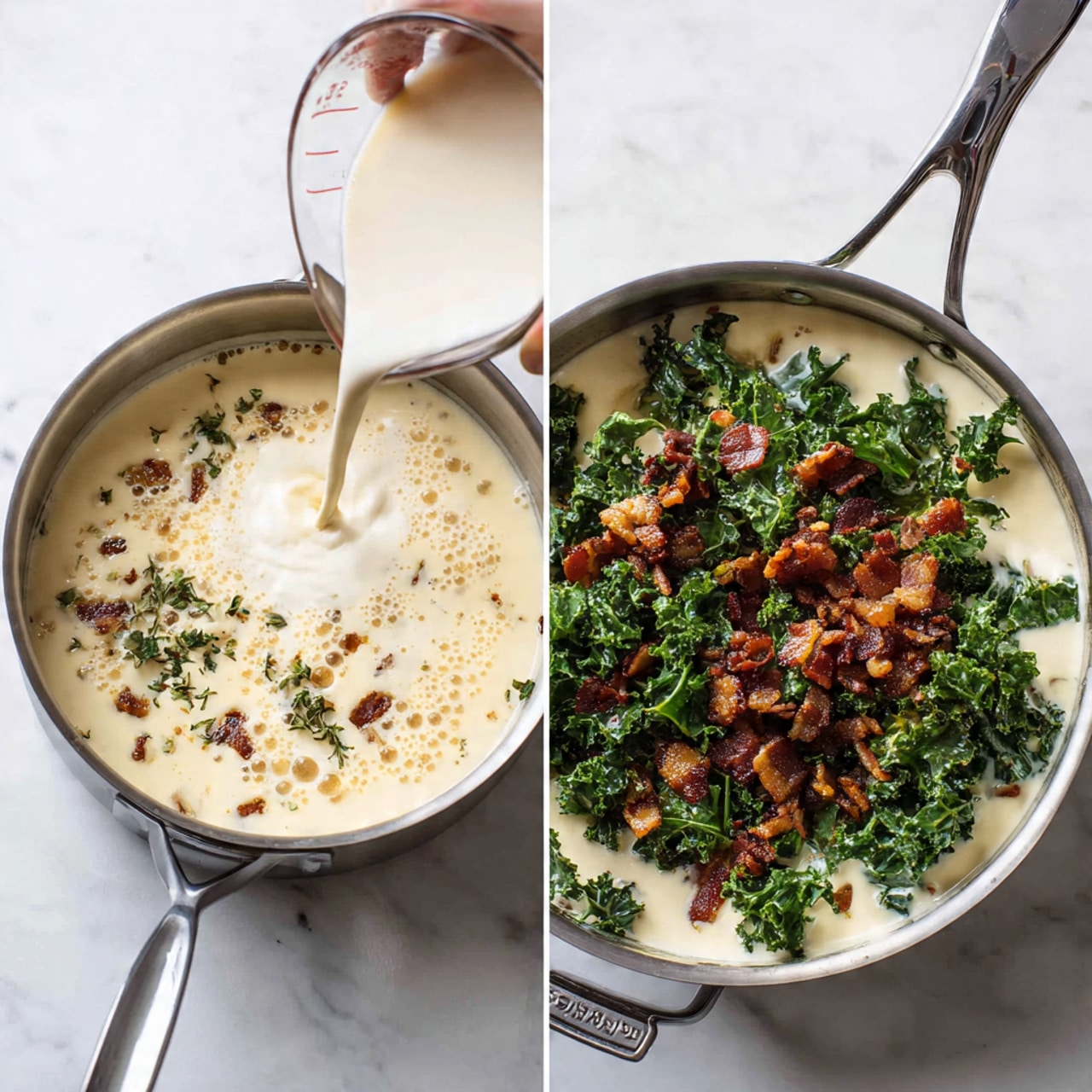 A large silver pot sits on a white marbled surface. In the first part of the image, a woman's hand is pouring a white liquid from a clear measuring cup into a thick, creamy, beige sauce inside the pot, with some small bubbles on the surface. In the second part, the same pot shows the creamy white sauce with three layers on top: a bed of fresh dark green kale leaves spread mostly around the edges, a middle layer of small browned pieces of cooked meat, and scattered crisp reddish-brown bacon bits. Photo taken with an iphone --ar 4:5 --v 7