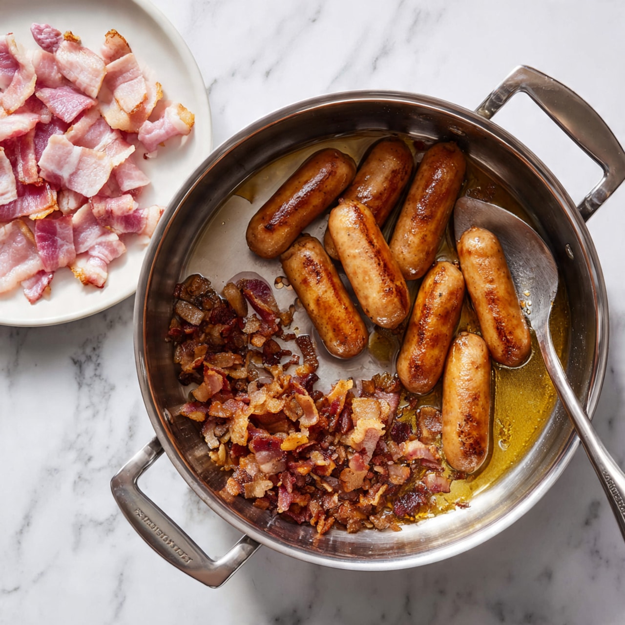 The image shows a two-step cooking process inside a large metal pot with two handles on a white marbled surface. In the first step, five whole sausages with a golden brown crispy texture and a small pile of raw pink and white bacon strips are placed side by side inside the pot. In the second step, the sausages are broken into small brown chunks cooking in golden oil inside the pot, alongside the same bacon pieces which are now browned. A silver spoon scoops some sausage and bacon bits from the pot into a white plate positioned at the bottom left of the image. Photo taken with an iphone --ar 4:5 --v 7