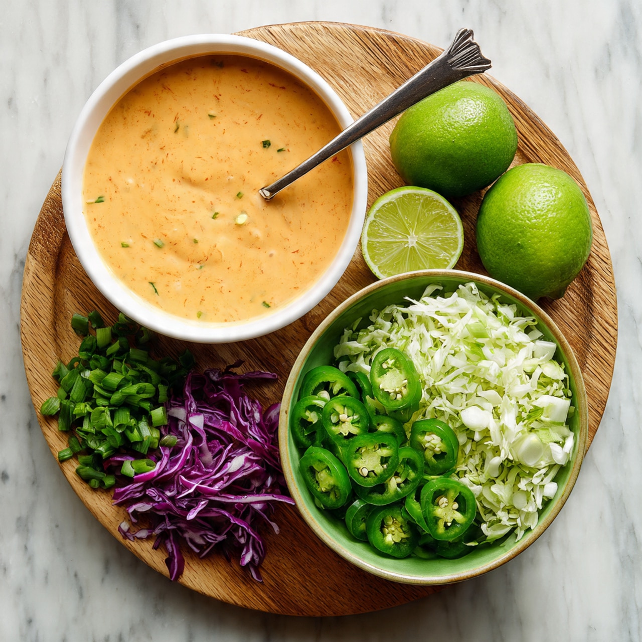 A white bowl with creamy light orange sauce sits on a round wooden board, with a metal spoon inside it. Next to it, a green bowl holds a fresh mix of chopped vegetables: bright green sliced jalapeños at the front, thinly shredded white and purple cabbage on the right, chopped green onions on the left, and chopped fresh cilantro on the top. Two whole limes, one cut in half showing its juicy inside, rest on the wooden board beside the bowls. All items are placed on a white marbled surface. photo taken with an iphone --ar 4:5 --v 7