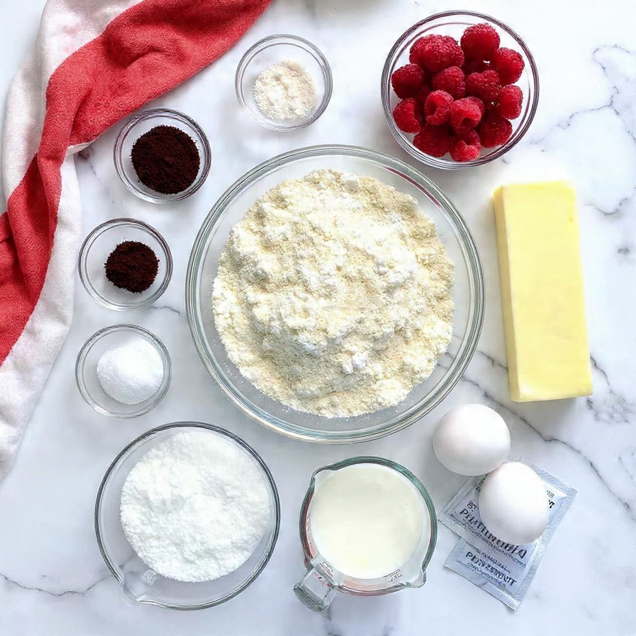 A top-down view of baking ingredients placed on a white marbled surface including a large clear bowl filled with white flour at the center, a smaller clear bowl above it filled with frozen raspberries with a red and white cloth on the left side, two small clear bowls on the left containing dark vanilla powder and white salt powder, an even smaller clear bowl with white cornstarch below them, a medium clear bowl with white granulated sugar below the flour bowl, and a clear glass measuring cup with white whole milk at the bottom right. There are two white eggs next to the milk, a rectangular stick of pale yellow butter above the eggs, and two white packets of platinum baking yeast near the butter. The text labels naming each ingredient are overlaid on the image. Photo taken with an iphone --ar 4:5 --v 7