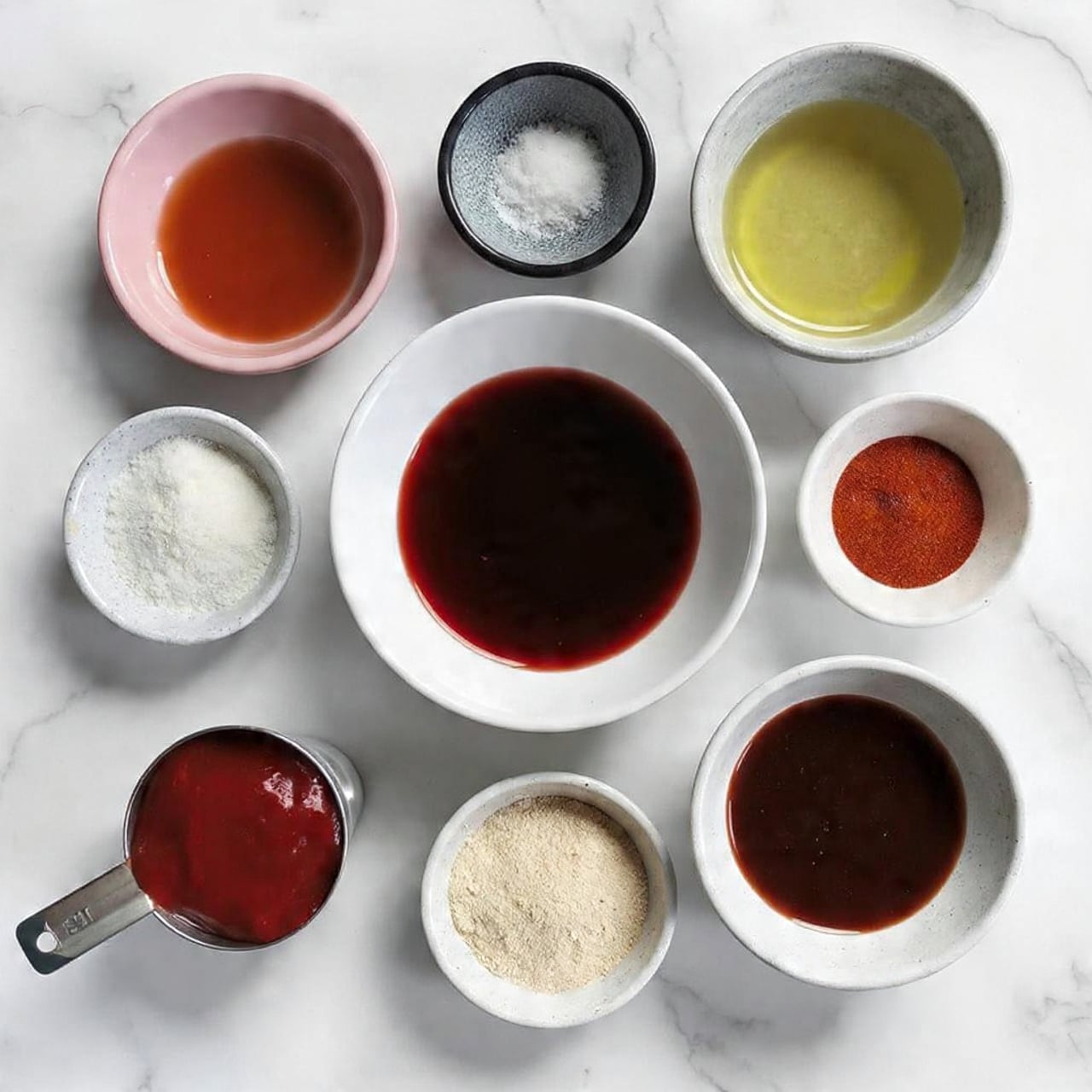 The image shows nine small white bowls arranged on a white marbled surface, each containing different ingredients. In the center is a medium white bowl with deep red liquid labeled red wine vinegar. Surrounding it are smaller bowls: top left holds light golden agave, top center contains coarse white salt, top right has golden olive oil in a small white pitcher, middle left features off-white onion powder, middle right holds bright red paprika, bottom left is a metallic measuring cup filled with thick red ketchup, bottom center contains pale yellow onion powder, and bottom right has dark brown Worcestershire sauce. All items are neatly labeled with black and white text. Photo taken with an iphone --ar 4:5 --v 7