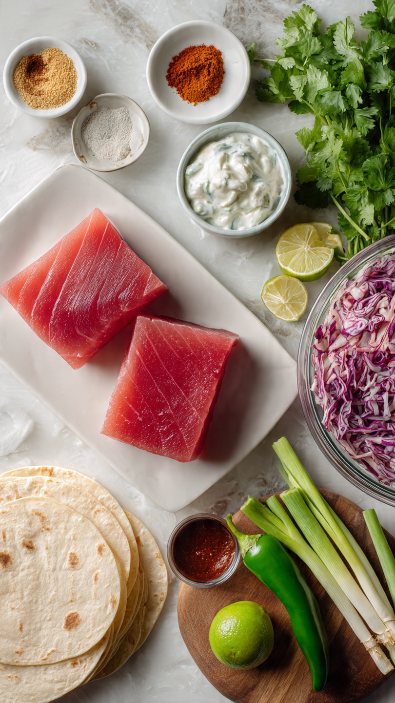 The image shows a white plate with two large pieces of raw deep red ahi tuna at the top left. To the right, there is a white marbled surface with fresh green cilantro leaves spread around. Next to the tuna, a small white plate holds four spices: golden brown cumin, light brown coriander, reddish smoked paprika, and dark red chili powder, with granulated garlic powder near the center. Below the tuna, several green onions rest on the white marbled surface. A round wooden board in the center holds a small white bowl of creamy white Greek yogurt, a dark green jalapeno, and a bright green lime, some whole and some cut in half showing light green inside. A clear glass bowl on the right side of the board is filled with shredded purple and white cabbage. At the bottom left, a stack of pale yellow tortillas rests directly on the white marbled surface. Nearby, a small white cup contains dark reddish chipotle peppers sauce. The whole scene is bright and clear, with fresh ingredients neatly arranged on a white marbled surface photo taken with an iphone --ar 4:5 --v 7