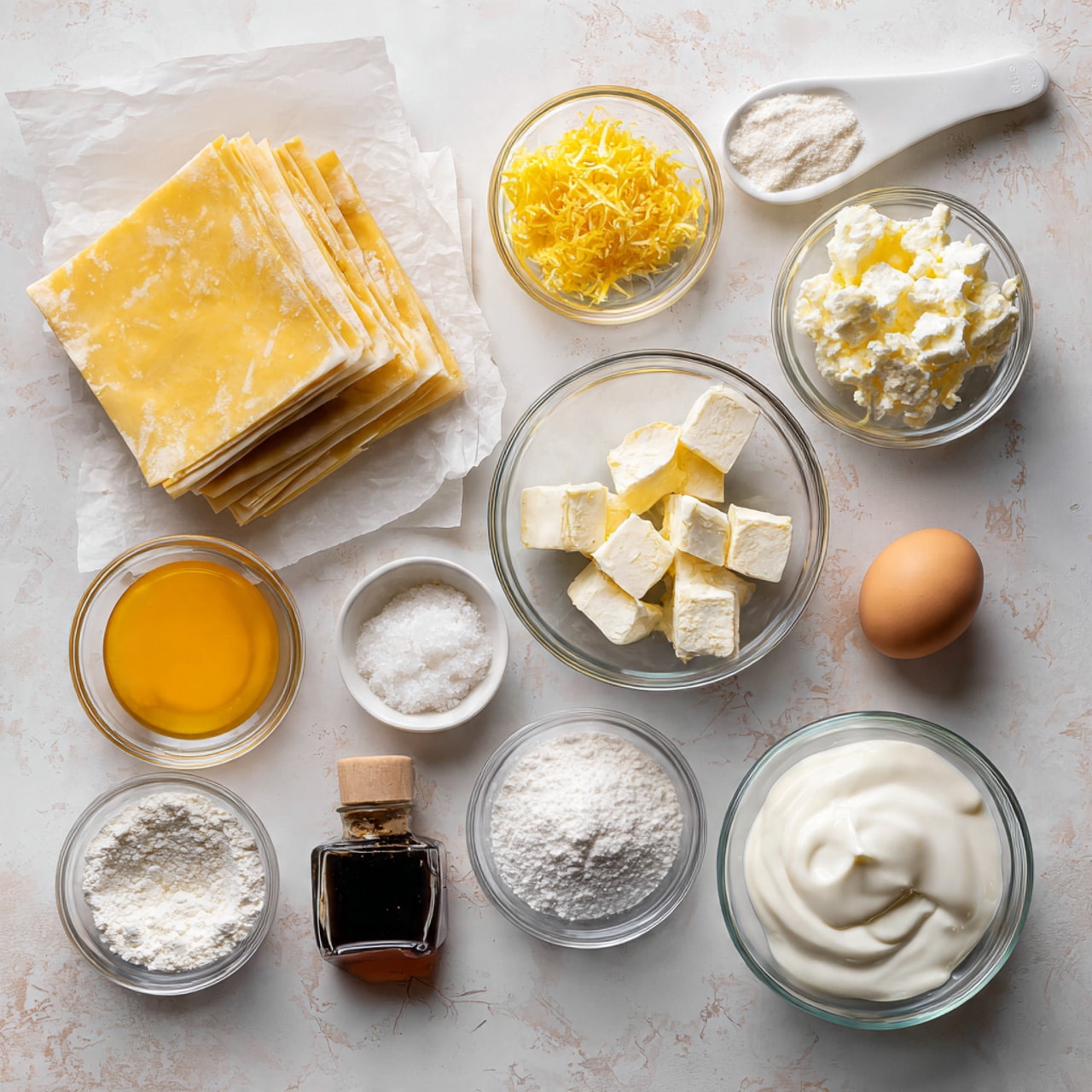 The image shows several clear glass bowls and a white measuring spoon arranged neatly on a wooden surface replaced with a white marbled texture, each filled with different ingredients. There are two rectangular sheets of pale yellow puff pastry stacked on white parchment paper on the left side. Around them, from top to bottom, small clear bowls containing white cream cheese chunks, yellow lemon zest on a white measuring spoon, white sugar, a yellow-orange lemon curd, white powdered sugar, clear water, white heavy whipping cream, a single brown egg in a glass bowl, and a bottle of dark vanilla extract with a black cap. The setup is clean and organized with all elements visible from above. Photo taken with an iphone --ar 4:5 --v 7