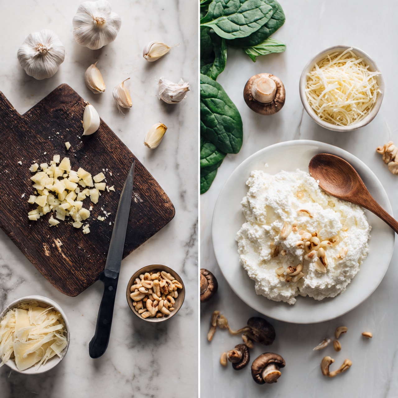 The image shows two wooden cutting boards on a white marbled surface. On the left board there is a small pile of chopped light yellow ginger near the upper center, with a black-handled knife placed beside it on the right side, and several cloves of garlic scattered around the board. On the right board, a white bowl filled with white cottage cheese sits in the center, with a wooden spoon resting inside. Around the bowl are fresh green spinach leaves, white mushrooms, a small white bowl of grated yellow cheese, and another small white bowl with brown pine nuts, all against the wooden cutting board background. Photo taken with an iphone --ar 4:5 --v 7
