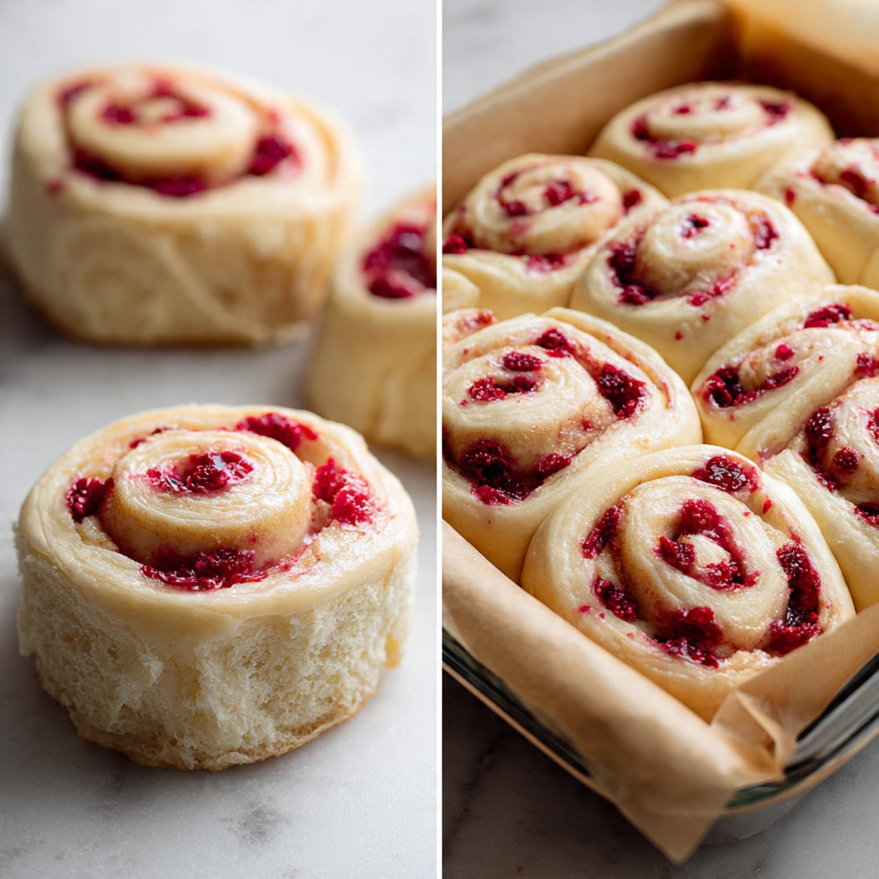 The image shows round rolls made from pale dough swirled with bright red raspberries embedded inside. On the left side, three rolls rest directly on a white marbled surface, showing an uneven spiral pattern with juicy raspberry pieces spread across each layer. On the right side, ten similar rolls sit in a clear glass baking dish lined with light brown parchment paper, arranged neatly in rows. The dough layers look soft and fresh, and the raspberries give a bright pop of red color inside the light layers. Photo taken with an iphone --ar 4:5 --v 7