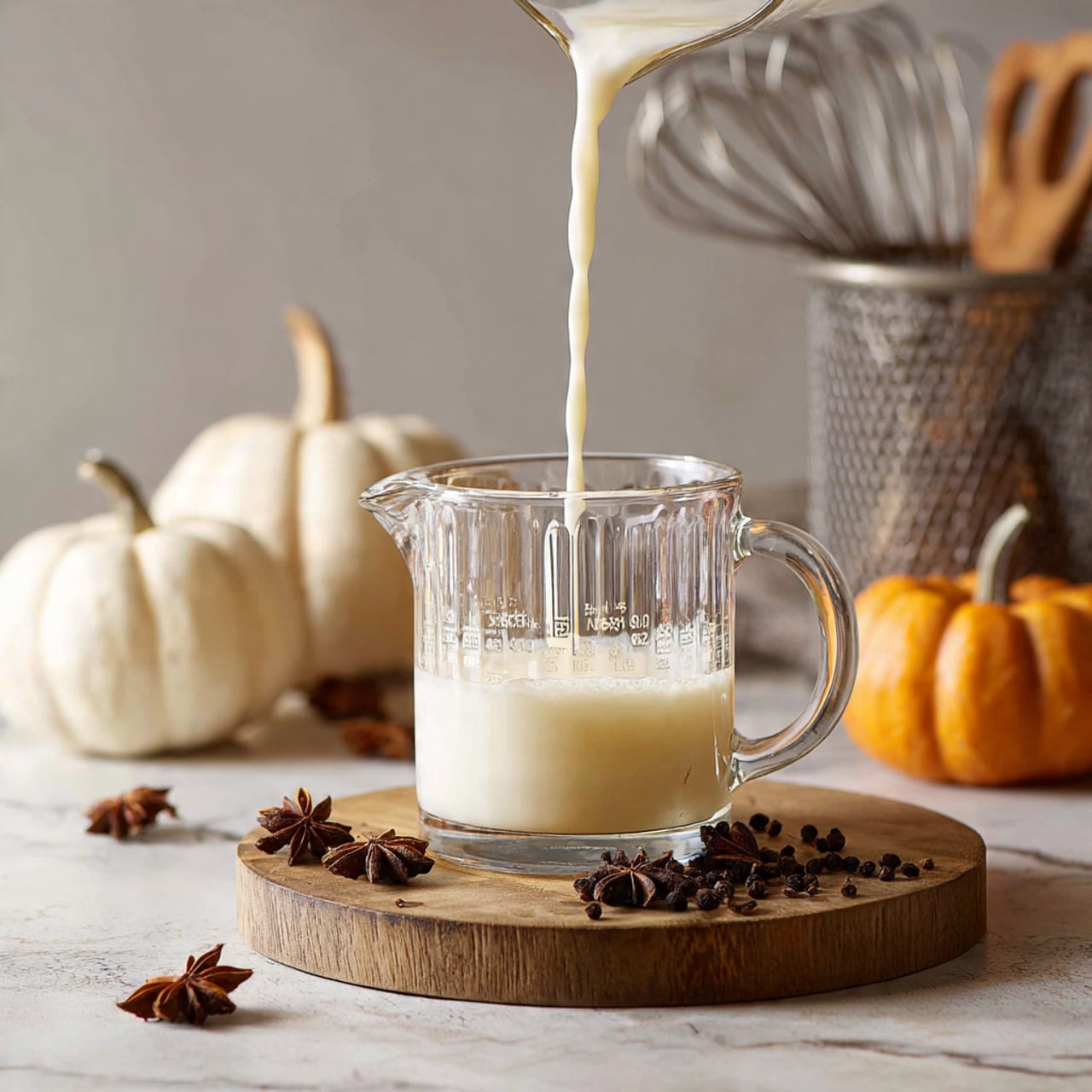 The image shows a clear glass measuring jug sitting on a round wooden tray with star anise and cloves scattered around. A thick white liquid is being poured into the jug from above, filling it slowly. In the background on the white marbled surface, there are two pumpkins—one white and one orange—and a metal mesh container with kitchen utensils. The scene has soft, natural lighting giving a warm, cozy feeling. Photo taken with an iphone --ar 4:5 --v 7
