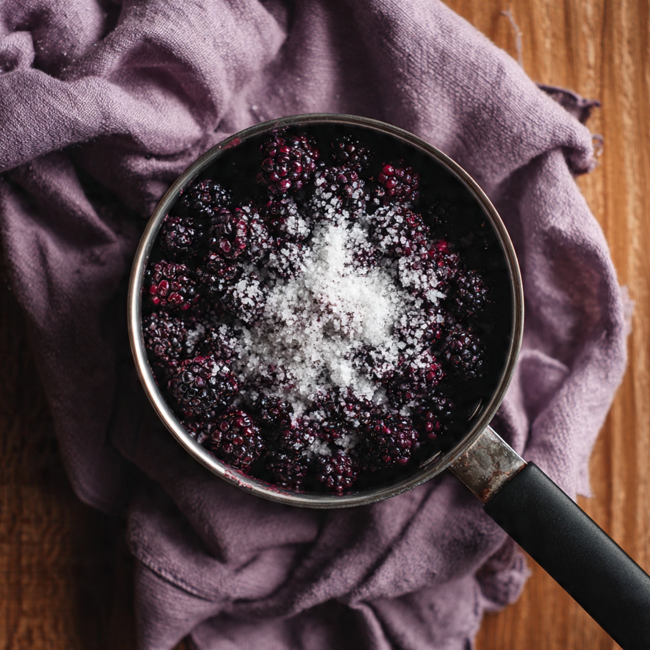A metal pot containing a thick layer of dark purple blackberries on the bottom, topped unevenly with white sugar granules that create a rough texture across the berries. The pot has a black handle extending upwards, resting on a crumpled light purple cloth. The scene is set on a warm wooden surface. photo taken with an iphone --ar 4:5 --v 7