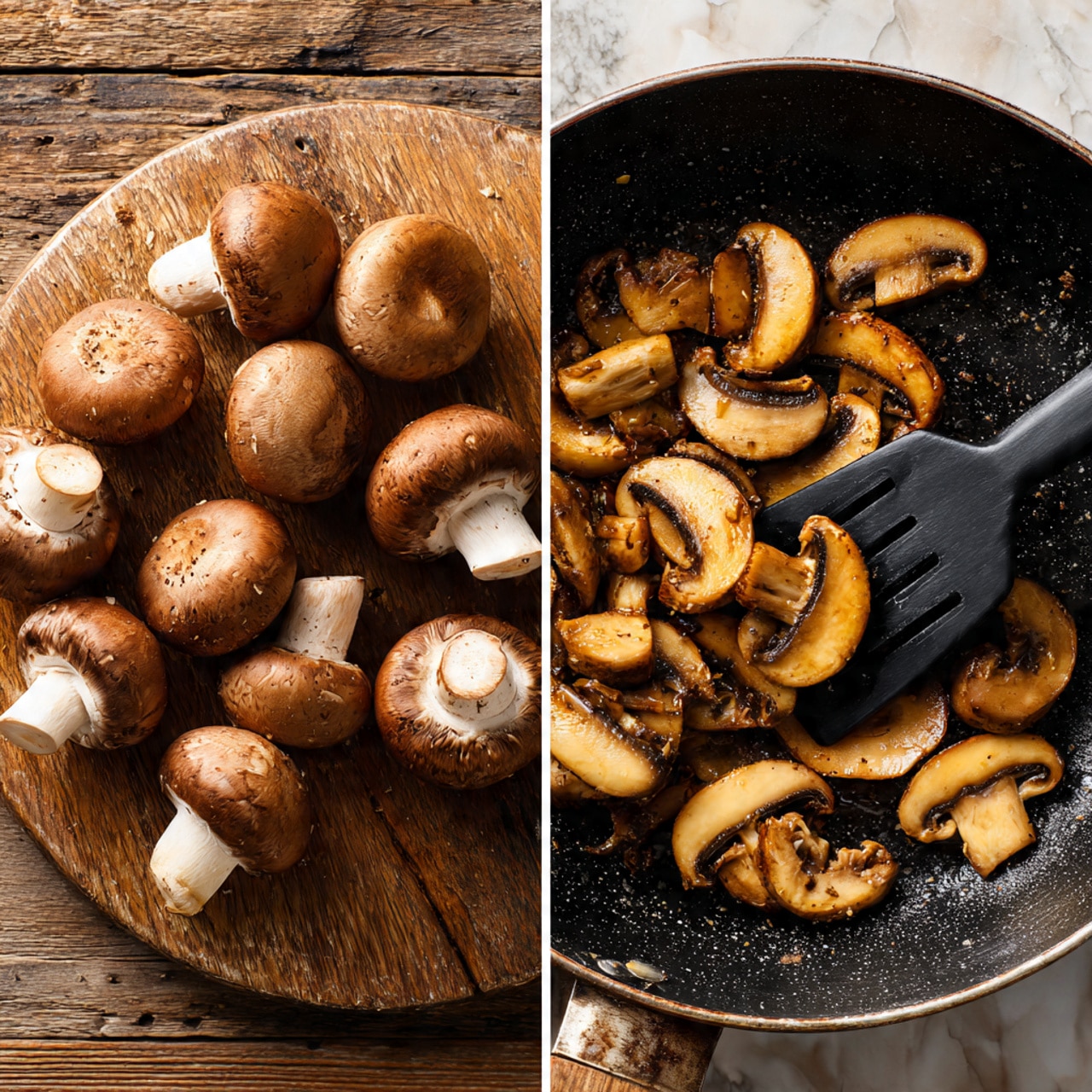 The image shows two side-by-side photos. The left side has whole brown mushrooms with white stems arranged on a round wooden cutting board, placed on a rustic wooden surface. The right side shows slices of cooked brown mushrooms with a golden-brown color in a black frying pan, with a black spatula resting inside the pan. Both images focus closely on the mushrooms and cooking tools. The surface behind is a white marbled texture. photo taken with an iphone --ar 4:5 --v 7