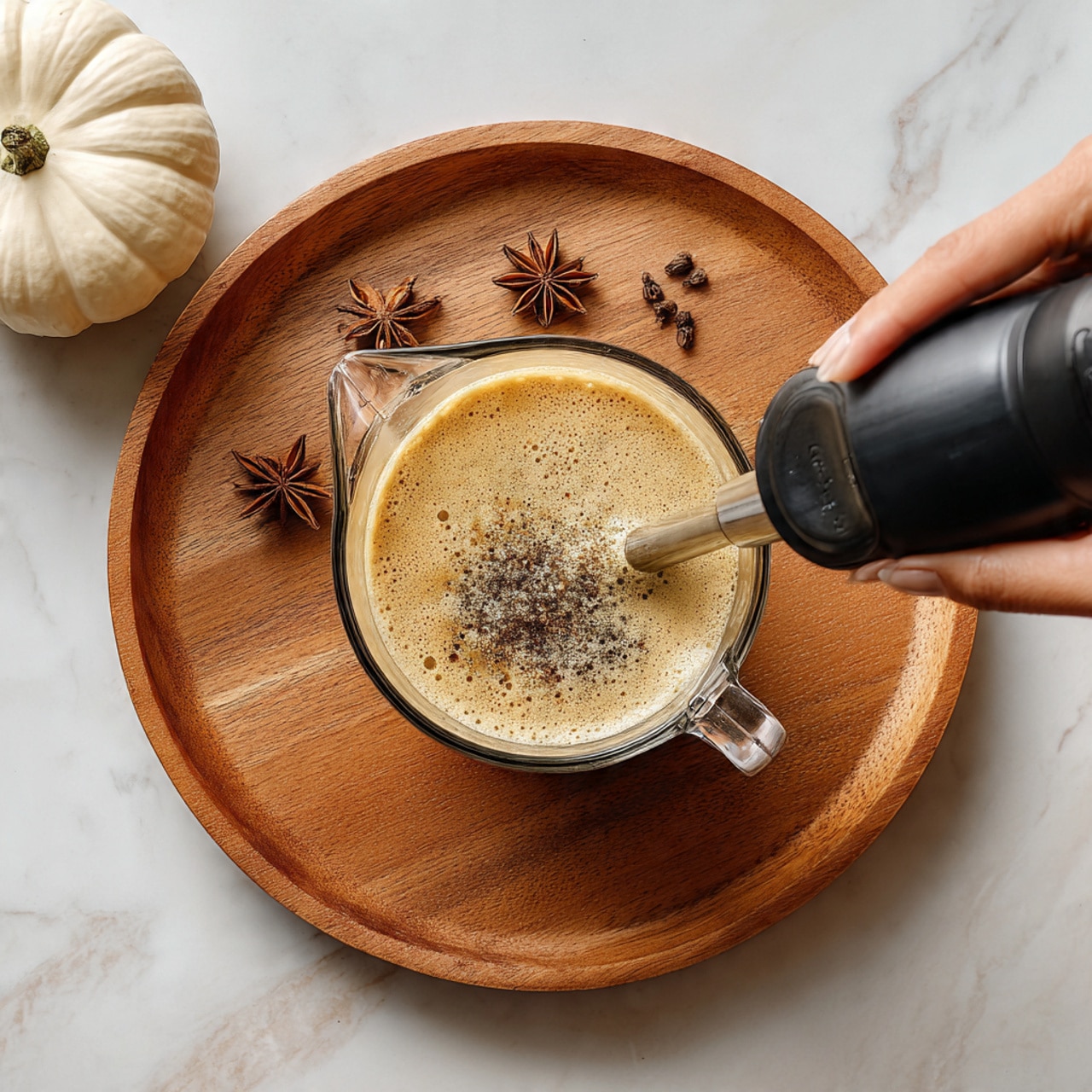A clear glass measuring cup sits on a round wooden tray with a white pumpkin on the left side and a few whole cloves and star anise scattered around. Inside the measuring cup, a light brown creamy liquid is being mixed by a black immersion blender held tightly by a woman's hand from the top right corner. The background is a white marbled surface with soft natural light highlighting the scene, creating a cozy and warm atmosphere. photo taken with an iphone --ar 4:5 --v 7