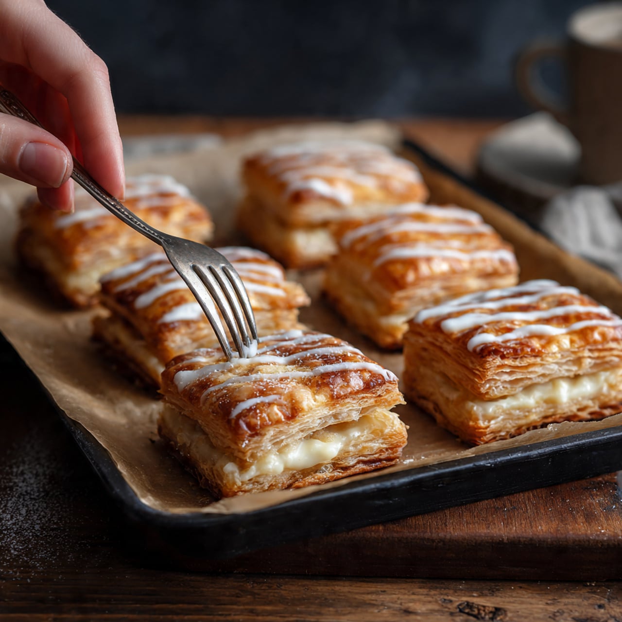 The image shows six square-shaped puff pastries arranged on a black baking tray lined with brown parchment paper on a wooden surface. Each pastry has three visible layers with a golden brown, flaky top layer that looks shiny and slightly crisp. The middle layer is light and airy with a creamy beige color, and the bottom layer is thin and lightly browned. One of the pastries is being touched with a silver fork held by a woman's hand, and it is drizzled with a thin white icing that contrasts with the warm tones of the pastry. Photo taken with an iphone --ar 4:5 --v 7