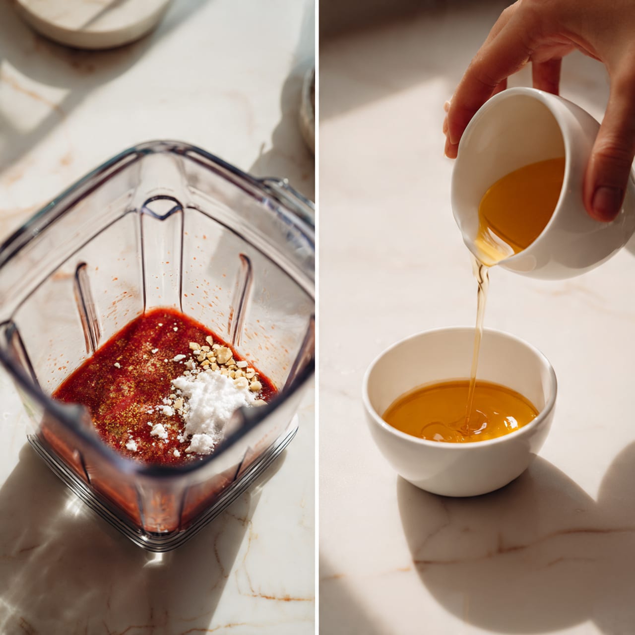 The image shows two close-up shots of a blender on a white marbled surface. In the left part, inside the blender jar, there is a mix of reddish sauce with white powder and other small light-colored ingredients on top, all centered in the square container. In the right part, a woman's hand is pouring a golden-yellow liquid from a small white bowl into the blender, which already has some of the reddish sauce remnants inside. Both photos have a clean and bright look with a simple kitchen setting. Photo taken with an iphone --ar 4:5 --v 7